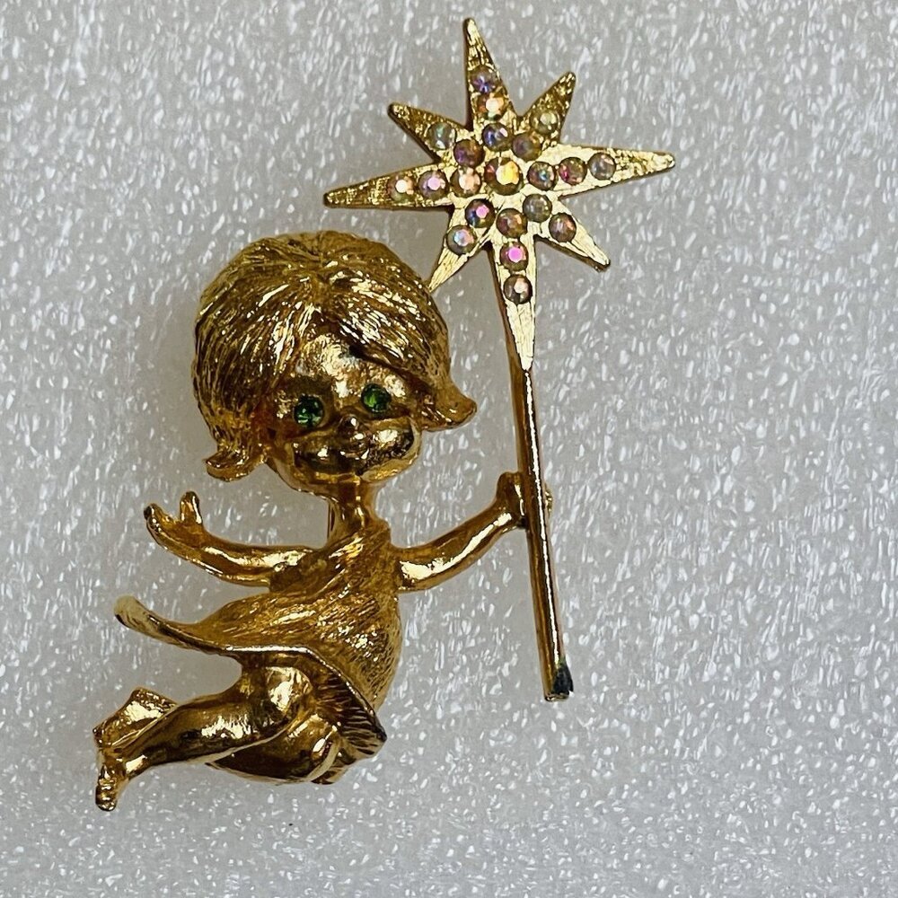 Signed Mylu PinkGreen Rhinestone Girl Fairy Angel Star Wand Brooch Vintage Pixie